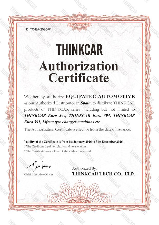 Certificado de Distribuidor Oficial ThinkCar 2026 — Equipatec Automoción